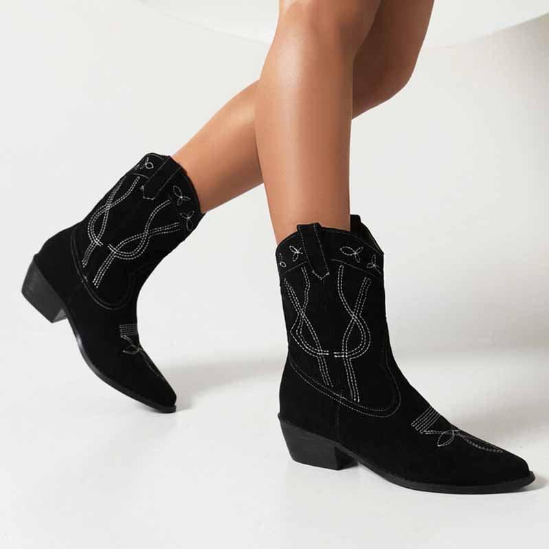 Women's Embroidery Cowboy Mid Calf Boots