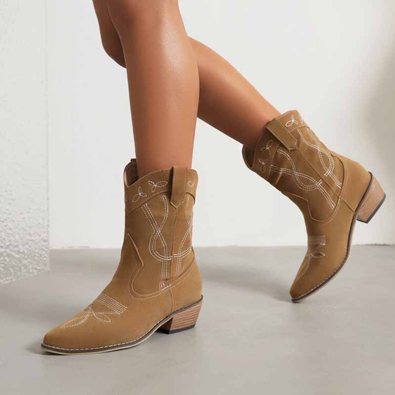 Women's Embroidery Cowboy Mid Calf Boots