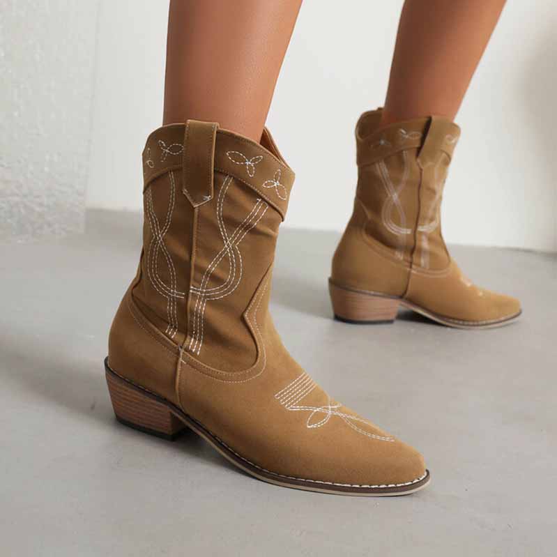 Women's Embroidery Cowboy Mid Calf Boots