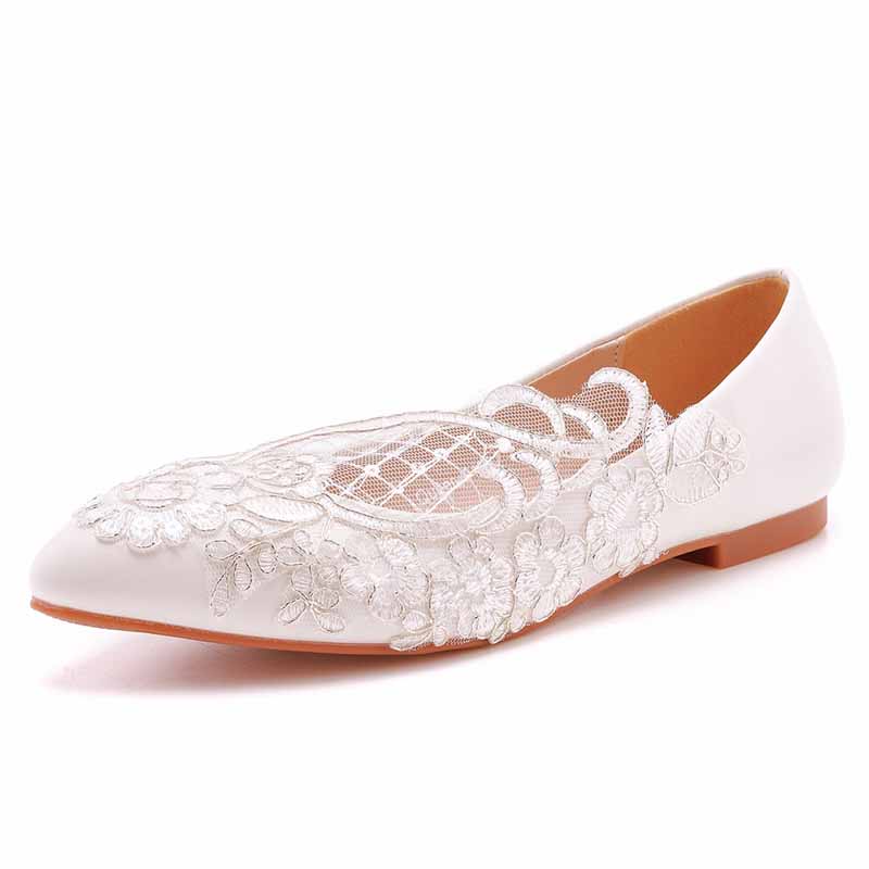Women Pointed Toe White Flats Bridal Sandals White Lace Wedding Shoes