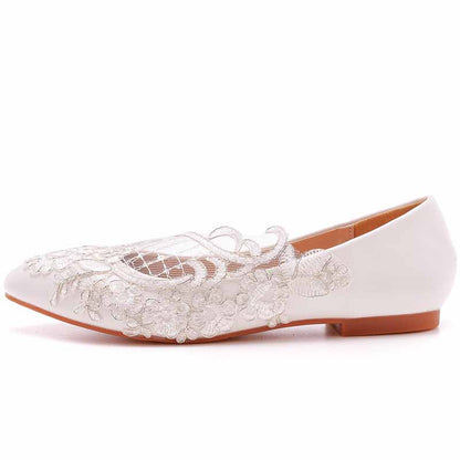 Women Pointed Toe White Flats Bridal Sandals White Lace Wedding Shoes