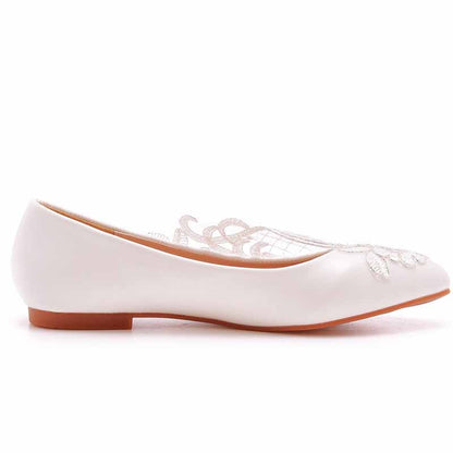 Women Pointed Toe White Flats Bridal Sandals White Lace Wedding Shoes