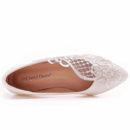 Women Pointed Toe White Flats Bridal Sandals White Lace Wedding Shoes