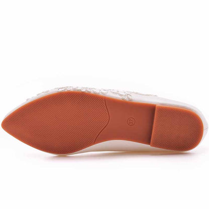 Women Pointed Toe White Flats Bridal Sandals White Lace Wedding Shoes