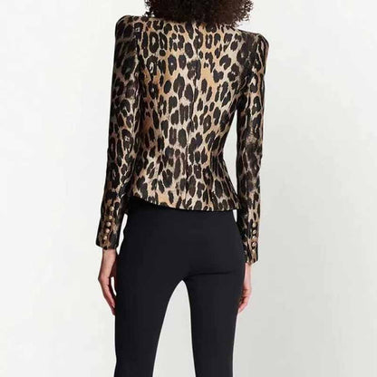 Women Leopard Print Blazer Gold Button Double-breasted Button Slim Blazer