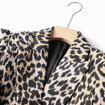 Women Leopard Print Blazer Gold Button Double-breasted Button Slim Blazer