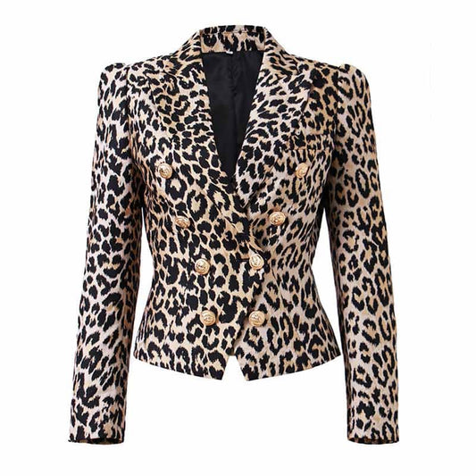 Women Leopard Print Blazer Gold Button Double-breasted Button Slim Blazer