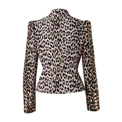 Women Leopard Print Blazer Gold Button Double-breasted Button Slim Blazer