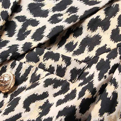 Women Leopard Print Blazer Gold Button Double-breasted Button Slim Blazer