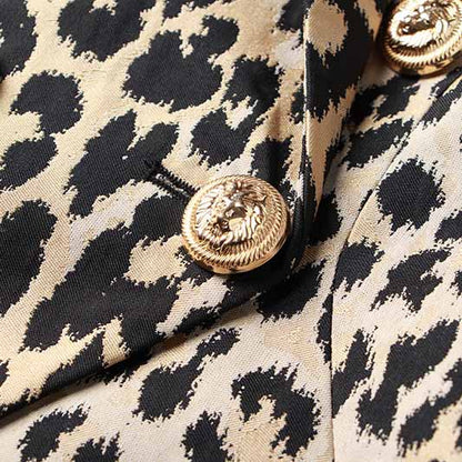 Women Leopard Print Blazer Gold Button Double-breasted Button Slim Blazer