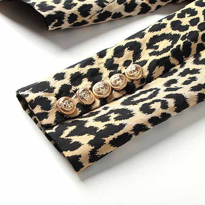 Women Leopard Print Blazer Gold Button Double-breasted Button Slim Blazer