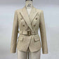 Women Double Breasted Gold Embossed Buttons belted Khaki blazer