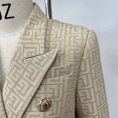 Women Double Breasted Gold Embossed Buttons belted Khaki blazer