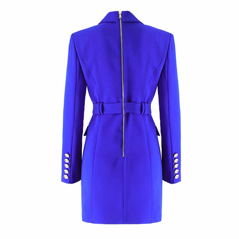 Women Royal Blue Double Breasted Blazer Trench Coat Mini Dress
