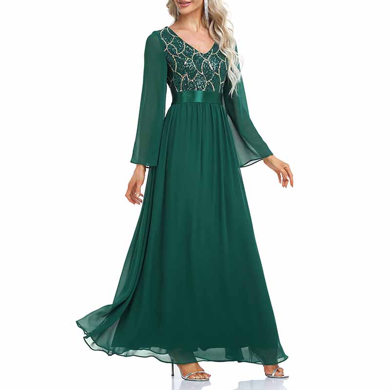 Women's Dark Green Long Sleeve Bridesmaid Dress Evening Maxi Dress