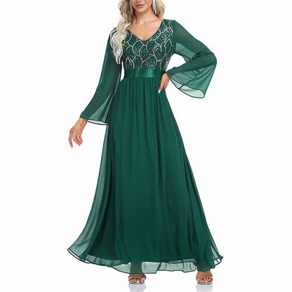 Women's Dark Green Long Sleeve Bridesmaid Dress Evening Maxi Dress