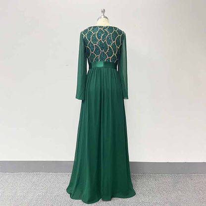 Women's Dark Green Long Sleeve Bridesmaid Dress Evening Maxi Dress