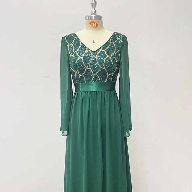 Women's Dark Green Long Sleeve Bridesmaid Dress Evening Maxi Dress
