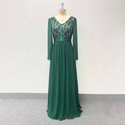 Women's Dark Green Long Sleeve Bridesmaid Dress Evening Maxi Dress