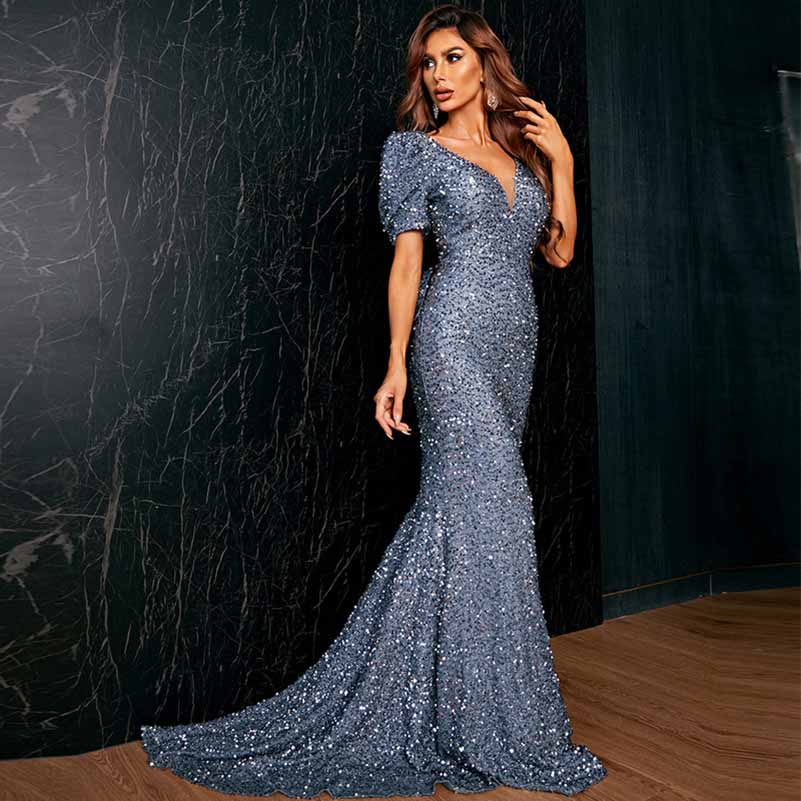 Long Sequin Prom Dress Short Sleeves Evening Party Gowns