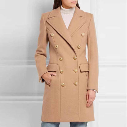 Women's Lapel Double Breasted Belted Mid Long Outwear Winter Coat