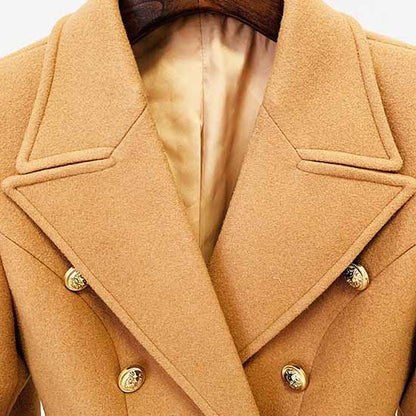 Women's Lapel Double Breasted Belted Mid Long Outwear Winter Coat