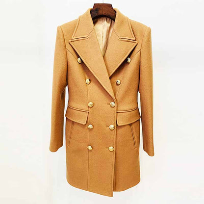 Women's Lapel Double Breasted Belted Mid Long Outwear Winter Coat