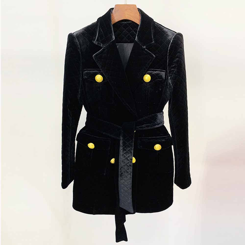 Women black double breasted coat belted velvet medium length coat