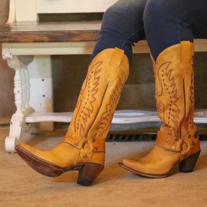 Women's Floral Embroidered Western Boots Knee High Cowboy Boots