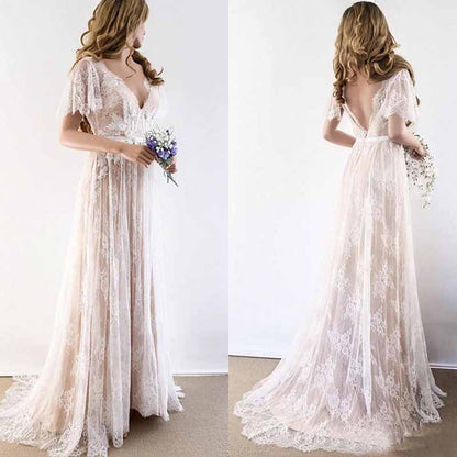 A-Line/Princess Lace Sash/Ribbon V-neck Short Sleeves Sweep/Brush Train Wedding Dresses