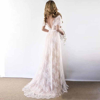 A-Line/Princess Lace Sash/Ribbon V-neck Short Sleeves Sweep/Brush Train Wedding Dresses