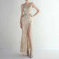 Women Sequin Party Dress V-Neck High Slit Dress Formal Evening Gowns S-4XL
