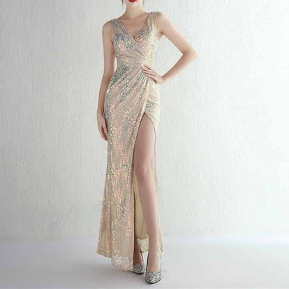 Women Sequin Party Dress V-Neck High Slit Dress Formal Evening Gowns S-4XL