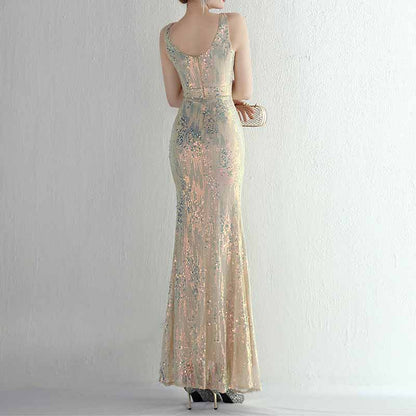 Women Sequin Party Dress V-Neck High Slit Dress Formal Evening Gowns S-4XL