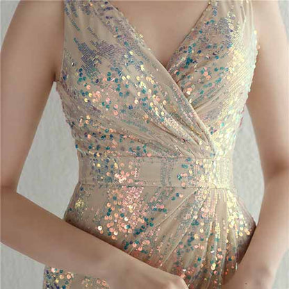 Women Sequin Party Dress V-Neck High Slit Dress Formal Evening Gowns S-4XL
