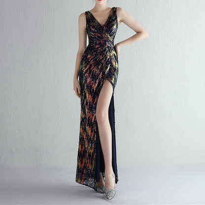 Women Sequin Party Dress V-Neck High Slit Dress Formal Evening Gowns S-4XL