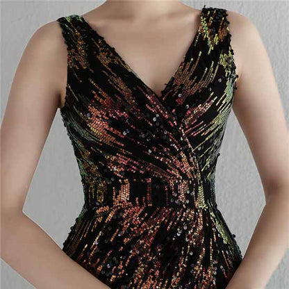 Women Sequin Party Dress V-Neck High Slit Dress Formal Evening Gowns S-4XL
