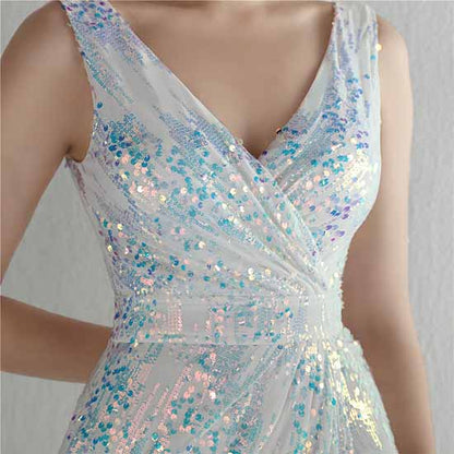 Women Sequin Party Dress V-Neck High Slit Dress Formal Evening Gowns S-4XL