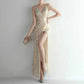 Women Sequin Party Dress V-Neck High Slit Dress Formal Evening Gowns S-4XL