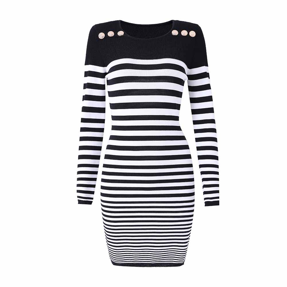 Women's long sleeve knitted minidress striped elegant dress
