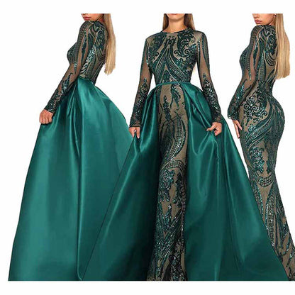 Women Satin Mermaid Prom Evening Party Dress Gown Detachable Train