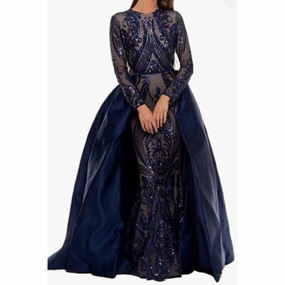 Women Satin Mermaid Prom Evening Party Dress Gown Detachable Train