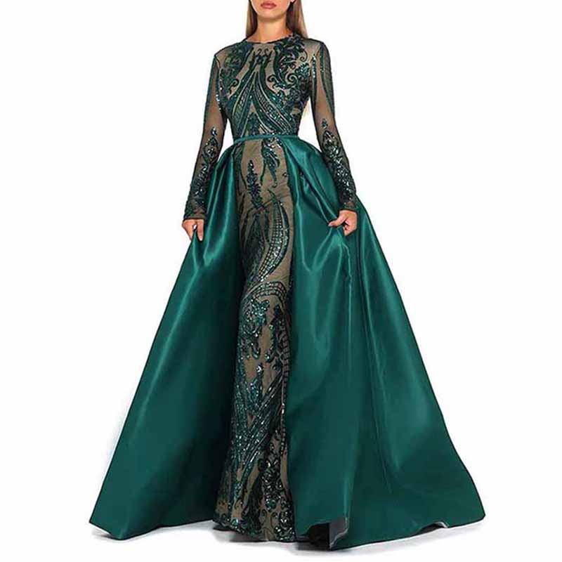 Women Satin Mermaid Prom Evening Party Dress Gown Detachable Train