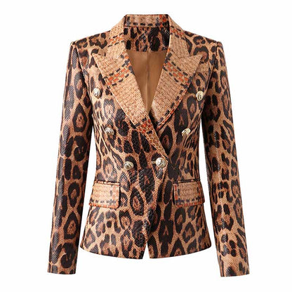 Double Breasted PU Leather Blazer Leopard Print Slim Jacket Gold Buttons