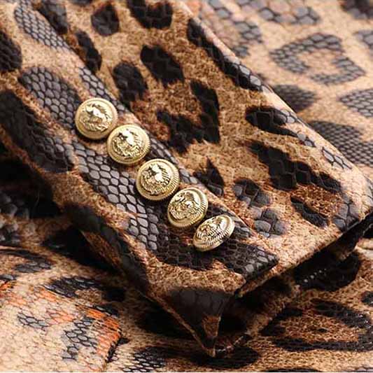 Double Breasted PU Leather Blazer Leopard Print Slim Jacket Gold Buttons