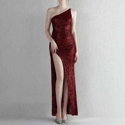 Women's Shinny Sequin Long Evening Dress One Shoulder Prom Gown