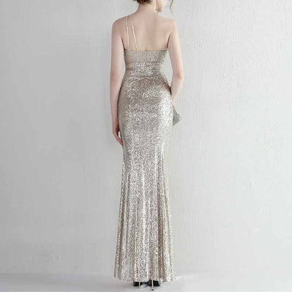 Women's Shinny Sequin Long Evening Dress One Shoulder Prom Gown