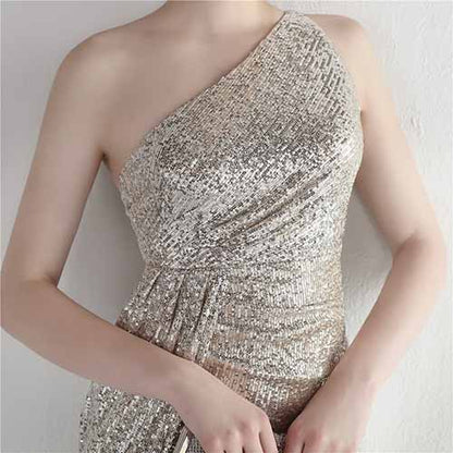 Women's Shinny Sequin Long Evening Dress One Shoulder Prom Gown