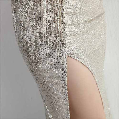 Women's Shinny Sequin Long Evening Dress One Shoulder Prom Gown