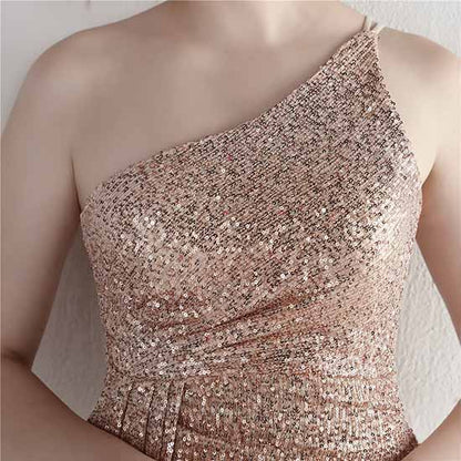 Women's Shinny Sequin Long Evening Dress One Shoulder Prom Gown